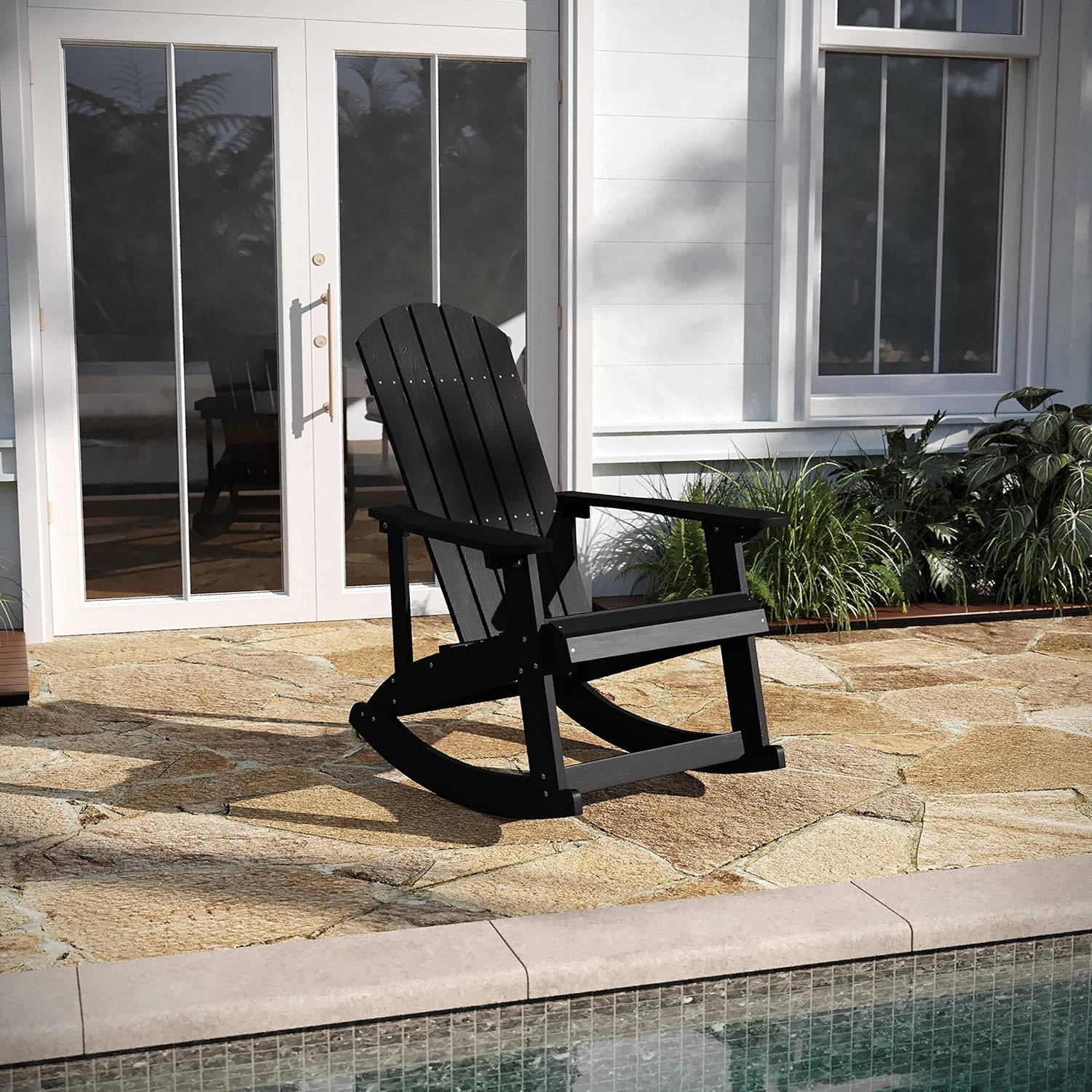 Taylor & Logan Savannah All-Weather Poly Resin Wood Adirondack Rocking Chair with Rust Resistant Stainless Steel Hardware in Black