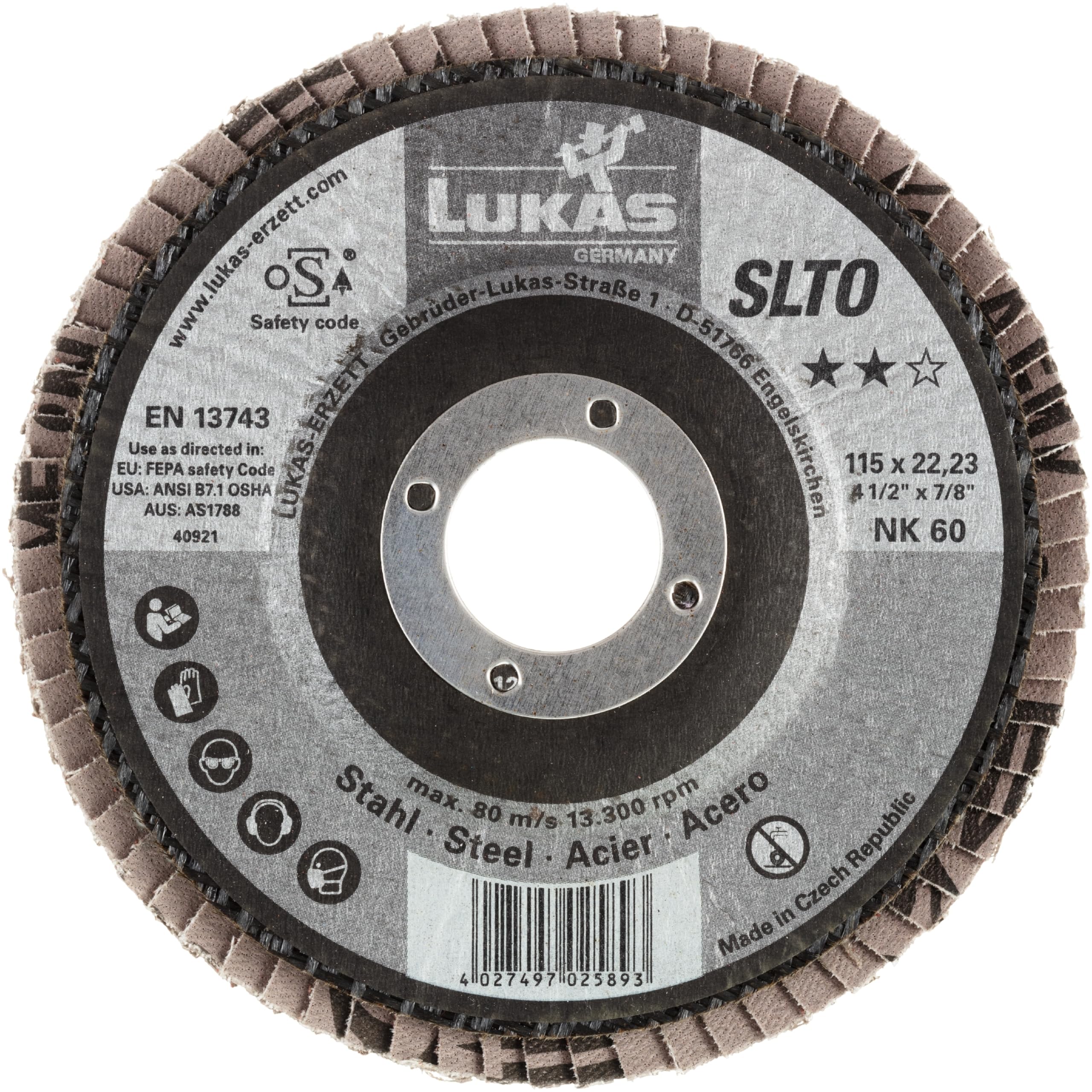 LUKAS-ERZETT - 10 dischi abrasivi a ventaglio SLTR, universali, Ø 125 mm, grana 60, obliqua, 13 x 12,5 x 13 cm