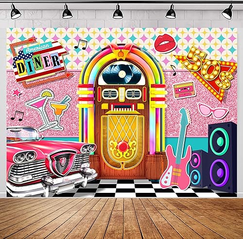 SVBright Fondo de fiesta Rock Roll de los años 50, 7 pulgadas de ancho x 5 de alto, vintage Soda Shop Back to 1950s Pink Classic Guitar Box Racing
