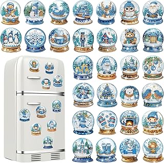 30 Pcs Christmas Diamond Art Kits Magnetic Winter Diamond Painting Magnets Kits Blue Crystal Ball 5d DIY Art Fridge Magnet Refrigerator Sticker for Adult Beginners Home Car Garage Xmas Gift