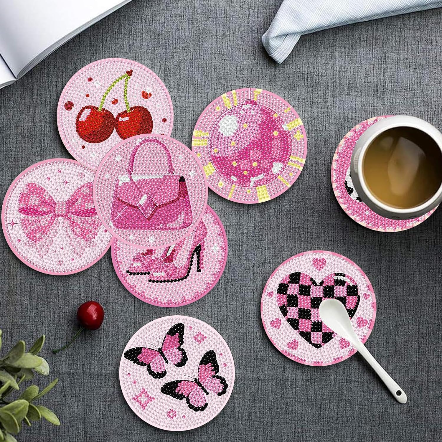 Mandun 8 Pcs Pink Diamond Art Painting Coaster Kit, Diamond Painting Coasters with Holder, Pink Elements Dot Art for Adults Crafts Cup Mat House Warming Gifts Non-Slip