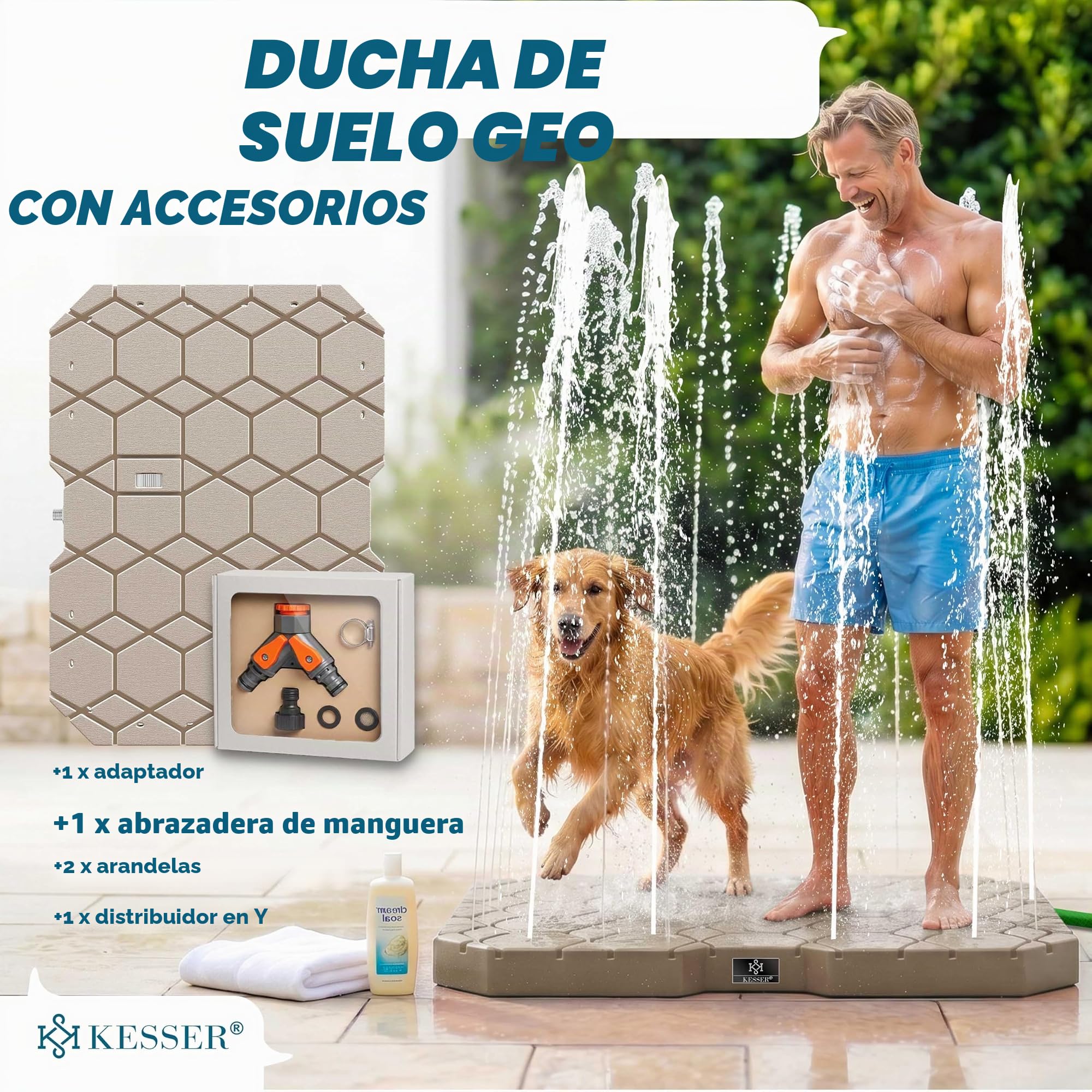 KESSER® Ducha de jardín Geo, ducha para todos - grande, pequeño y cuadrúpedos, antideslizante, resistente a los rayos UV y a la intemperie, inoxidable y resistente al moho, control mediante rueda de