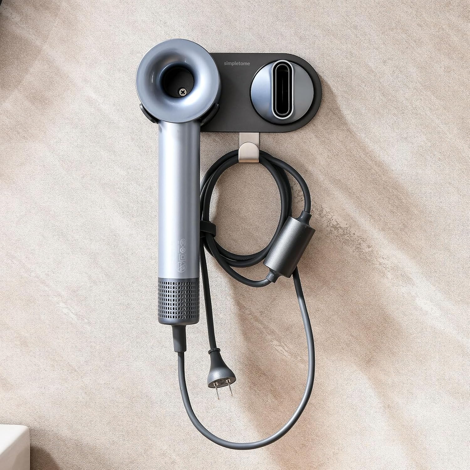 simpletome Hair Dryer Holder Wall Mount for All Magnetic High Speed Blow Dryer with Plug Cord Organizer Hook (Aluminum Alloy, Grey)