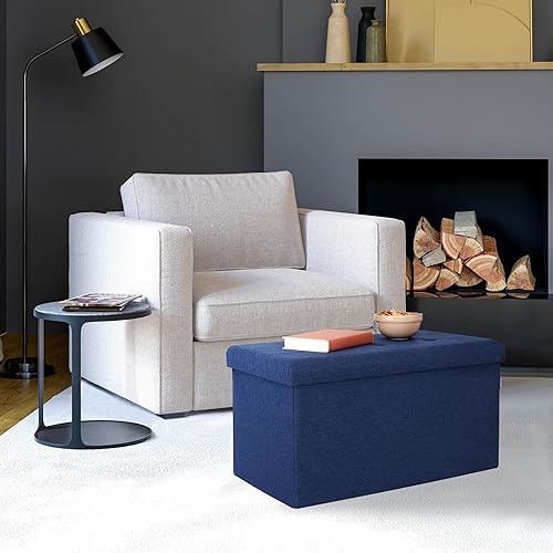 Miniatura 58 de Seville Classics Reposapiés otomano de tela acolchada, asiento acolchado para dormitorio, dormitorio, loft, sala de estar, entrada, pasillo, Azul