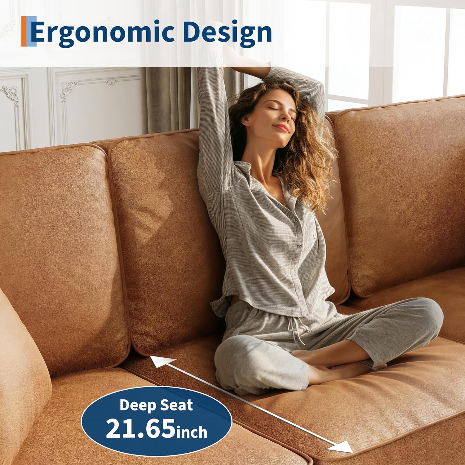 GarveeHome 3-Seater Sofa Couch with 2 Throw Pillows, 85 Inches Faux Leather Couch with Wide Armrests, Deep Seats, Wood Legs, Back Cushion, Sturdy Support Feet, Couches for Living Room, Office, Brown