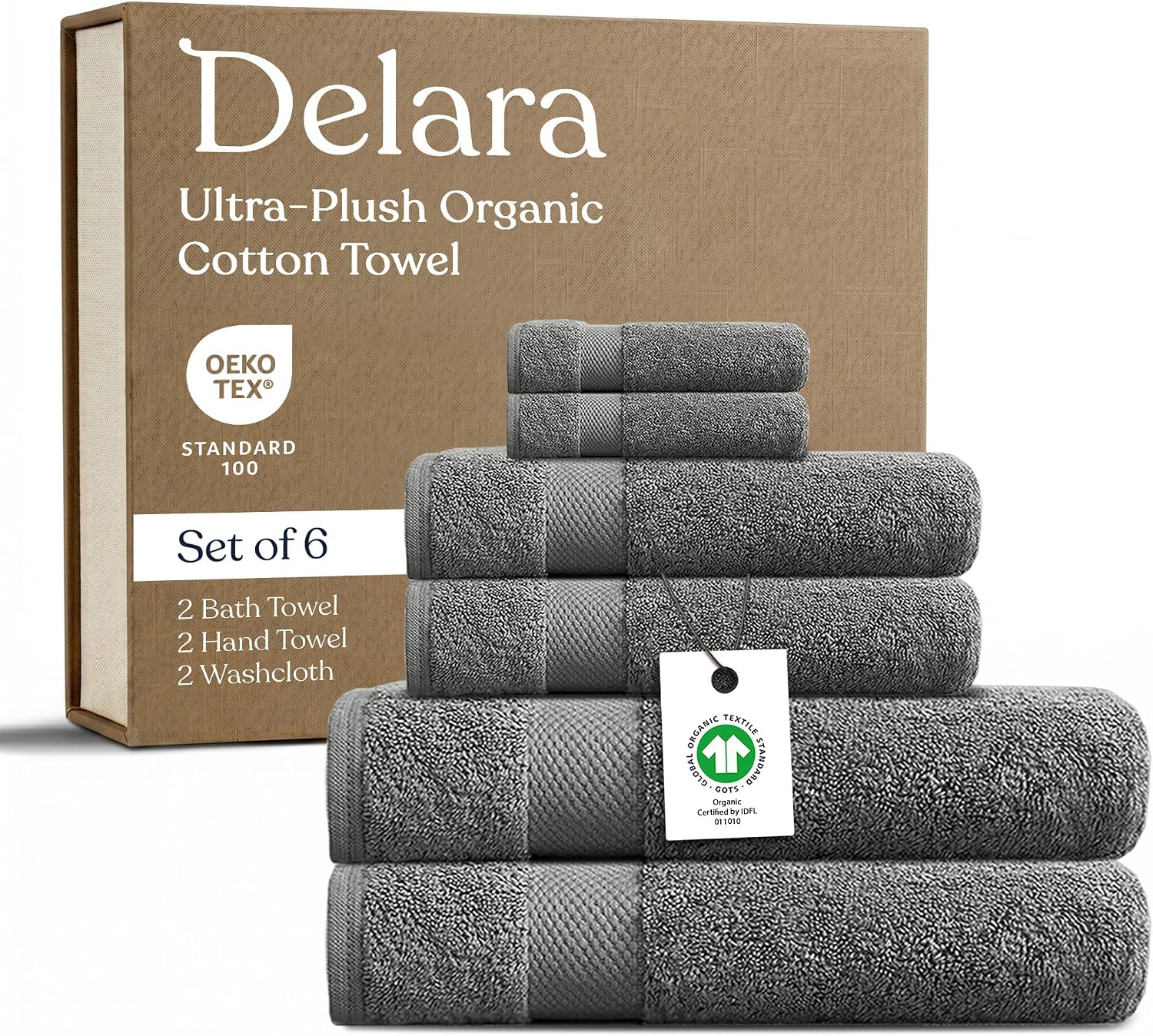 GOTS Certified Organic Cotton Towel Set, 6-Piece | Ultra-Plush Spa Bath Towels - 2 Bath, 2 Hand, 2 Washcloths | Chemical-Free, Non-Toxic | Sustainable Bathroom Gift (Dark Gray)