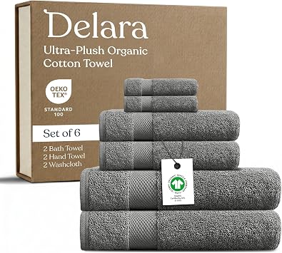 GOTS Certified Organic Cotton Towel Set, 6-Piece | Ultra-Plush Spa Bath Towels - 2 Bath, 2 Hand, 2 Washcloths | Chemical-Free, Non-Toxic | Sustainable Bathroom Gift Dark Gray
