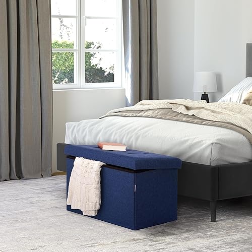 Miniatura 56 de Seville Classics Reposapiés otomano de tela acolchada, asiento acolchado para dormitorio, dormitorio, loft, sala de estar, entrada, pasillo, Azul