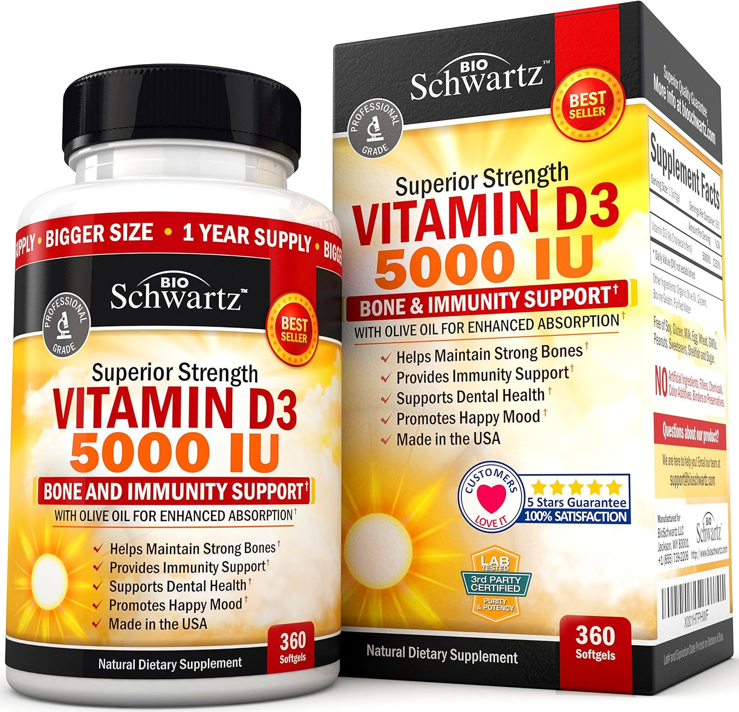 Vitamin D3 5000 IU (125 mcg) Natural Immune Support Supplement, Bone Strength, Healthy Muscle Function, with Olive Oil for Highest Absorption, Gluten Free & Non-GMO, 1 Year Supply, 360 Softgels