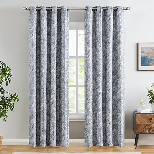 Miniatura 2 de jinchan Cortinas estampadas azules de 84 pulgadas de largo para sala de estar, cortinas jacquard con patrón de espiga modernas para oscurecer la