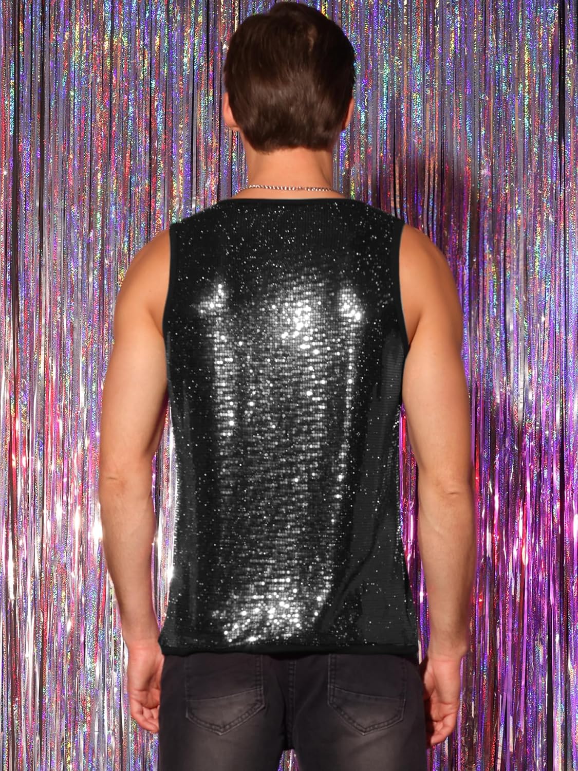 Lars Amadeus Sequin Tank Top for Men's Metallic Sparkle Glitter Sleeveless Tank Shirts - Image 2