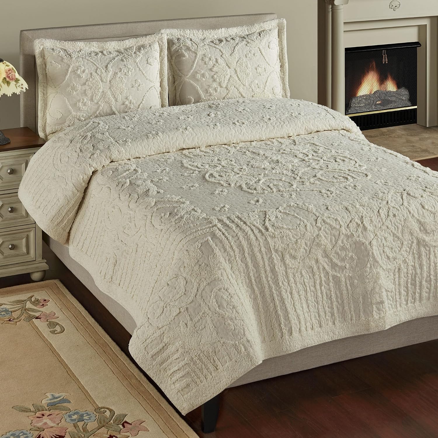 Lorenza Pure Cotton Chenille Bedding | Neutral Sand | Soft Tufted Scrollwork, Floral, and Stripe Designs | Solid Color 3-Piece Quilted Bed Set includes Oversized Queen Quilt & 2 Standard Pillow Shams