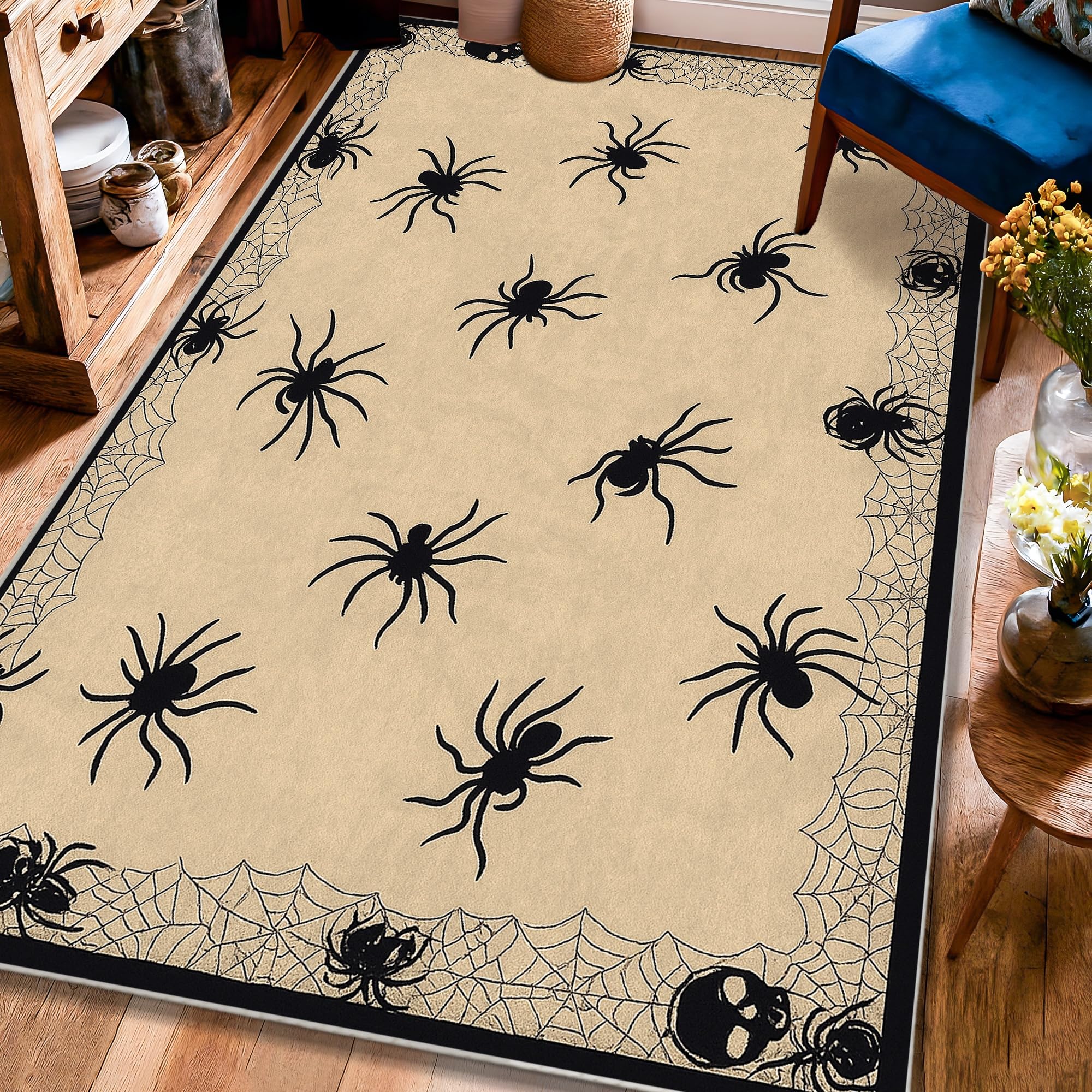 Tapis d'araignée facile à nettoyer pour Halloween | Tapis de couloir et cuisine