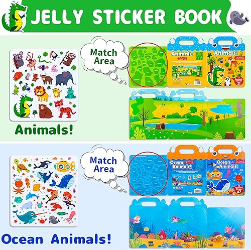 Miniatura 3 de Paquete de 2 libros de calcomanías reutilizables para niños, libros de actividades temáticas con calcomanías grandes de gelatina para niños y niñas