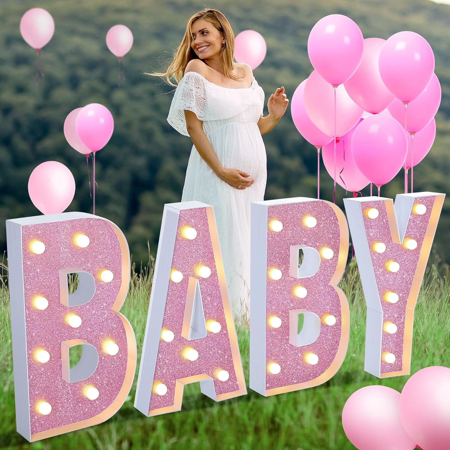 Meonum Baby Shower Decoration, 2.3ft Large BABY Marquee Letters Kit, Light Up Mosaic Foam Board Sign for Girl Boy, Battery Operated Baby Shower Centerpieces Decor for Gender Reveal Party(Pink)