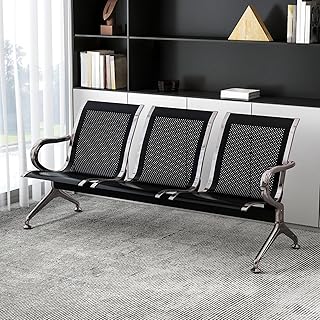 kinbor Waiting Room Chair - Guest Reception Chairs Waiting Bench with Armrests for Clinic Airport Bank Salon Barber Waiting Area, Black 3 Seat