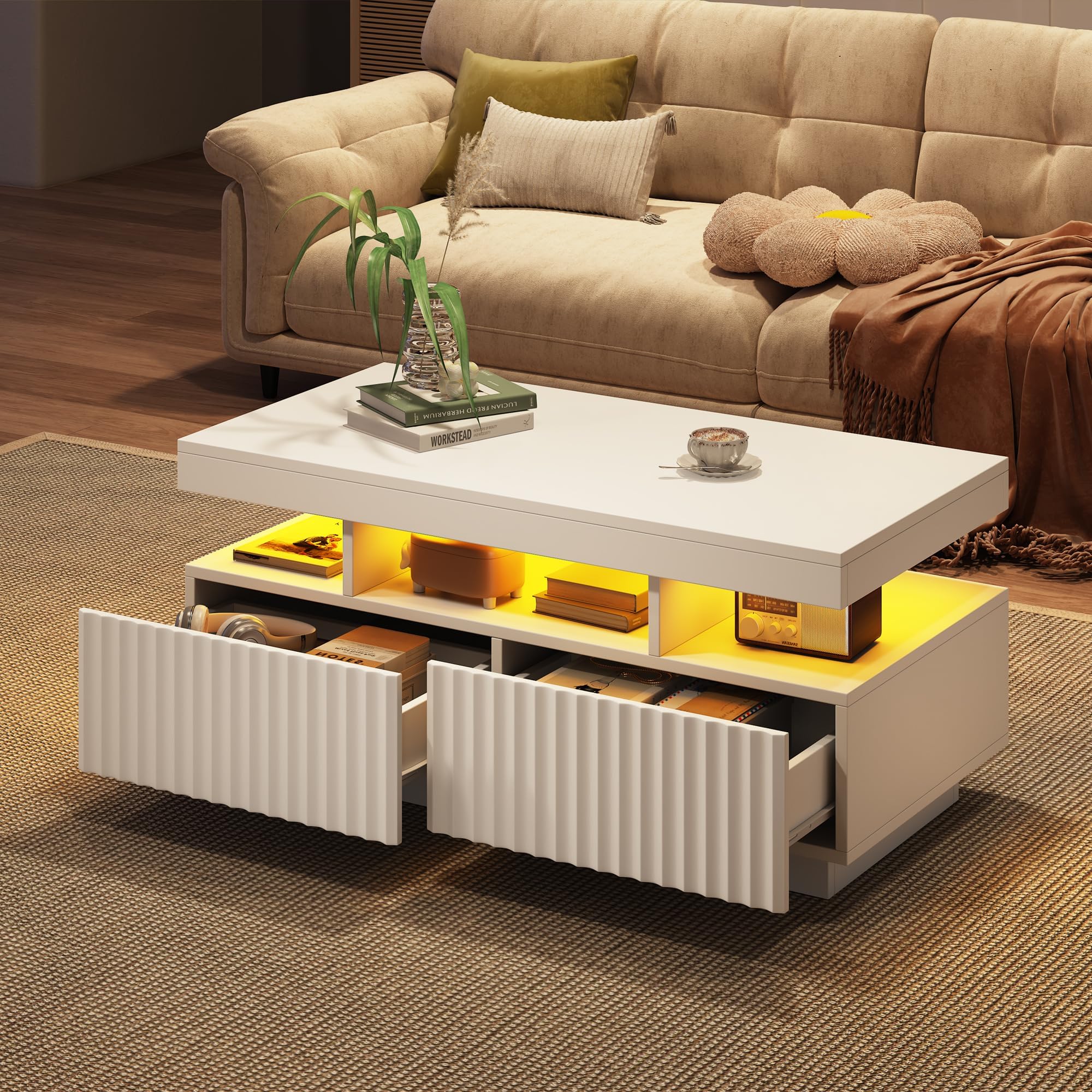 ModernLuxe LED Coffee Table, White High Gloss Coffee Table with 2 Drawers,Centre Table with Open Shelf, Rectangle Coffee End Table for Living Room & Office, 100x50x45 cm