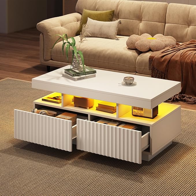 ModernLuxe LED Coffee Table, White High Gloss Coffee Table with 2 ...