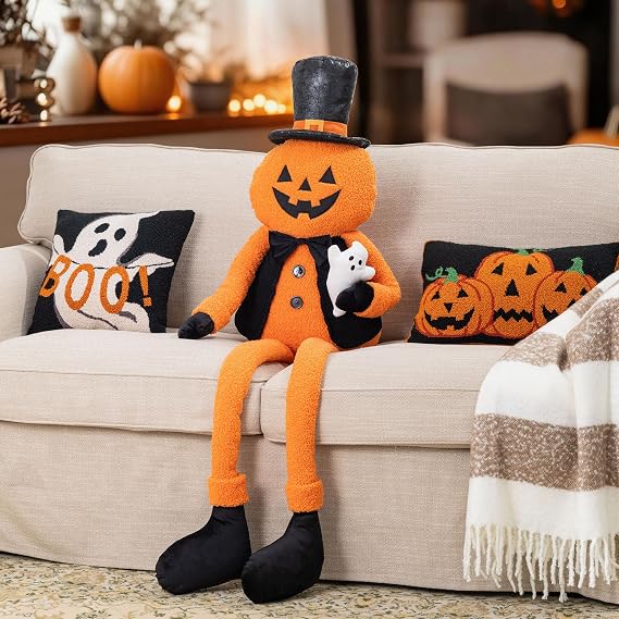Glitzhome 59 Inch Oversized Dangle Leg Jack O Lantern Halloween Decor, Plush Pumpkin Man with Ghost Fabric Figure, 5FT Large Farmhouse Halloween Floor Porch Mantel Sitter Ornament