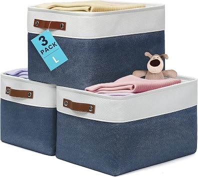 OrganiHaus Large Storage Bins for Shelves 3 Pack | 15x11in Closet Storage Bins for Shelves | Fabric Storage Bins | Cloth Baskets & Closet Organizers | Fabric Basket - Navy Blue/White