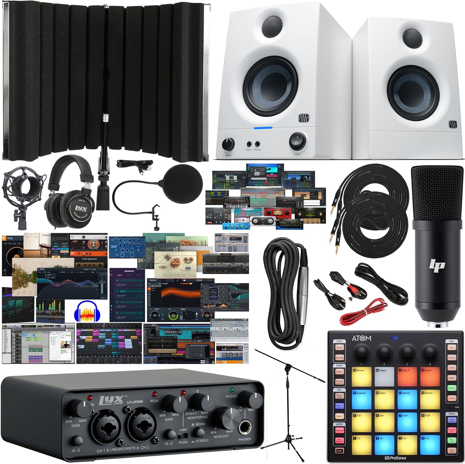 LyxJam 2x2 USB Audio Interface and NEW Creative Software Bundle, New Designed Eris 3.5 Studio Monitors White, ATOM MIDI Pad Controller, Sound Isolation Recording Shield