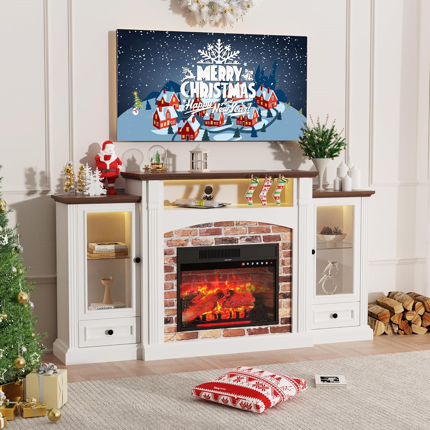 69" Electric Fireplace with Mantel, Fireplace TV Stand with Cabinets, Modern Entertainment Center with Storage, Realistic Stacked Stone, Fireplace with Remote Adjustable Flame for Living Room