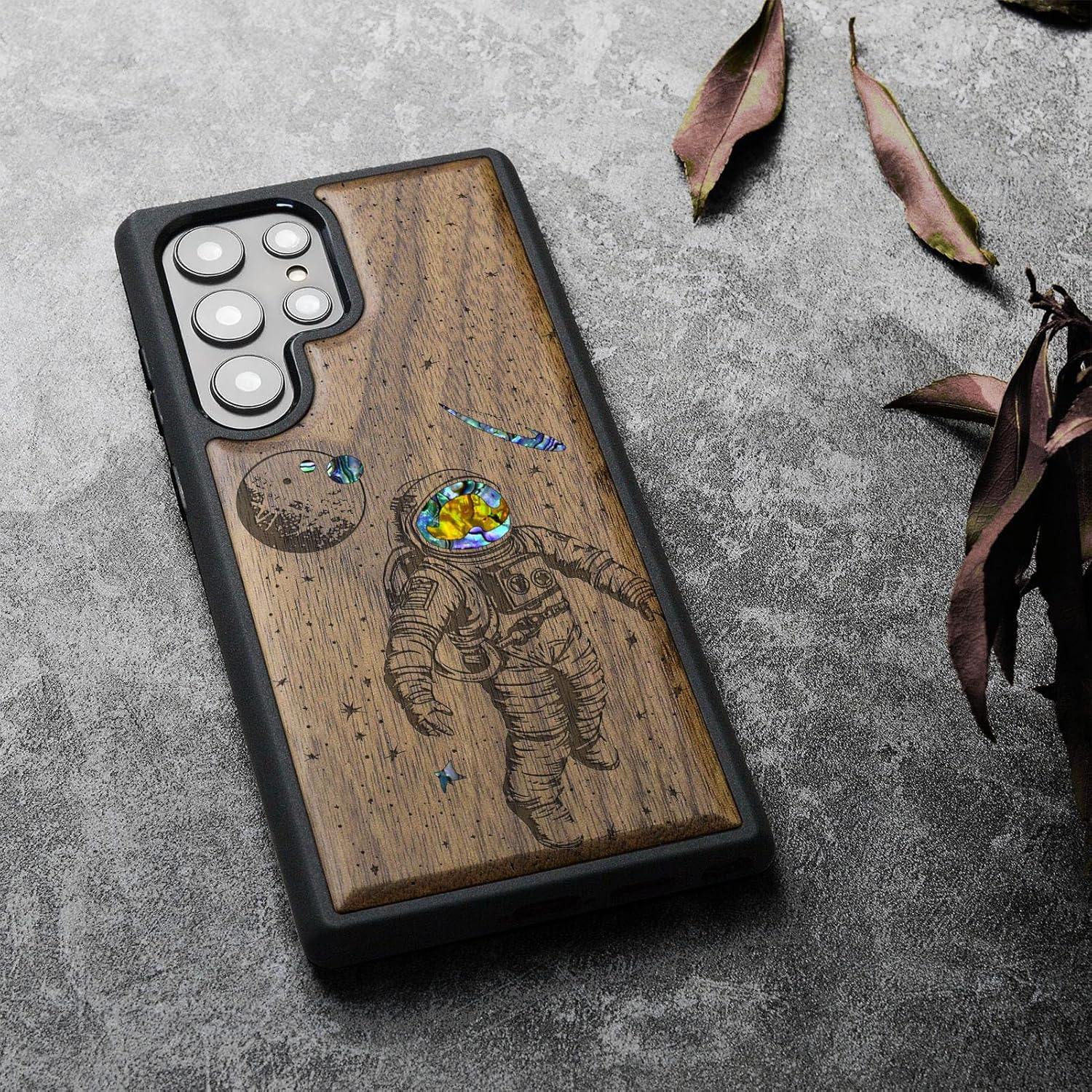 Carveit Designer Wooden Case for Samsung Galaxy S24 Ultra Case [Wood Engraving & Shell Inlay] Compatible with Wireless Chargers S24 Ultra Cover (Cosmic Wanderer-Walnut)