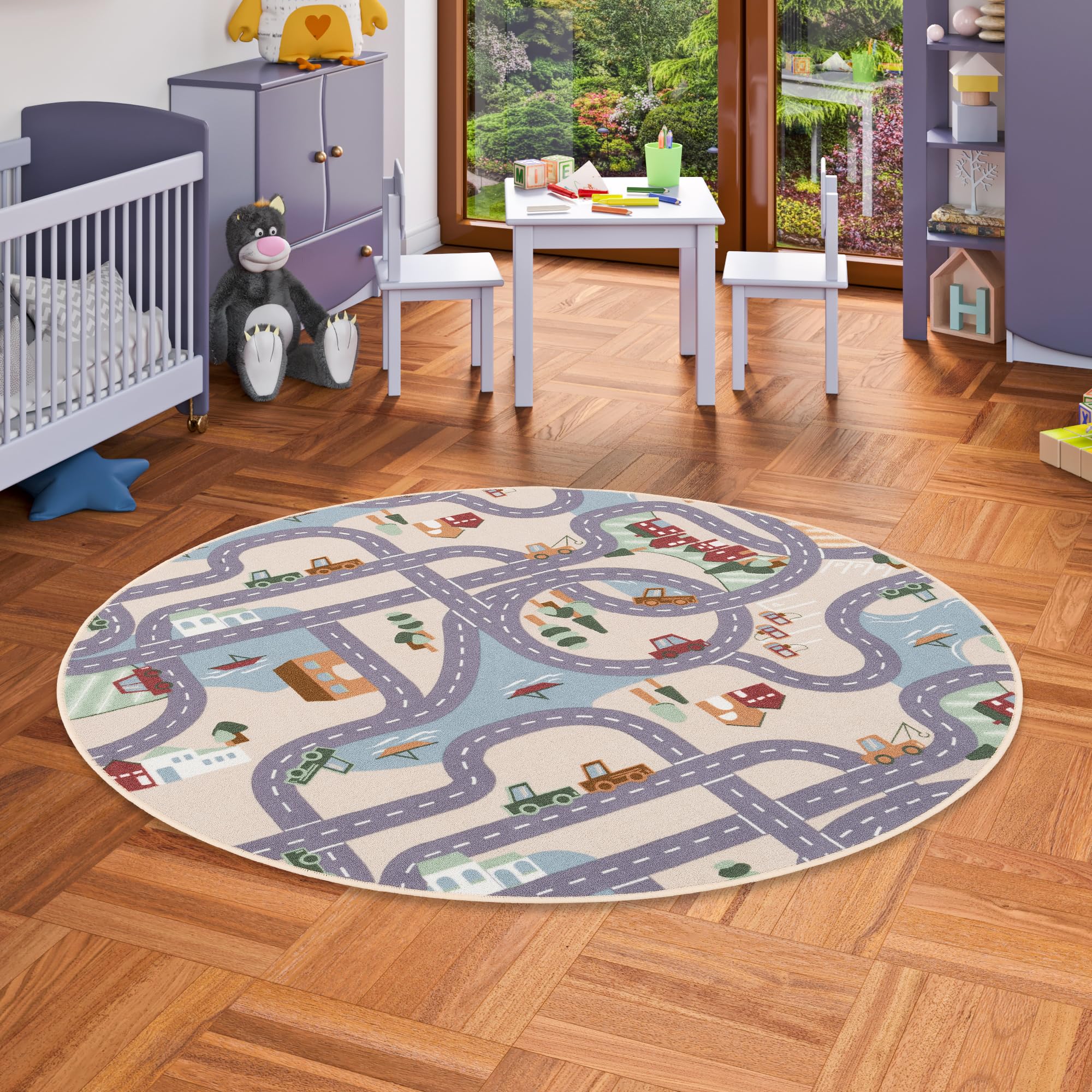 Snapstyle Fun Town Beige Kinder Straßenteppich Rund – Spielteppich Kinderzimmer Straßen Design, pflegeleicht