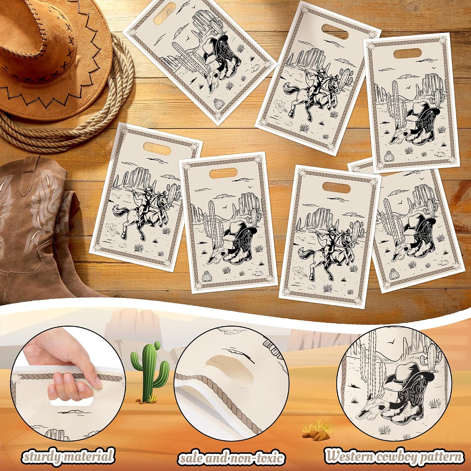 K1tpde Western Cowboy Goodies Bags - 50PCS First Rodeo Bachelorette Party Favor Gift Bags Bulk with Handle for Kids, Cowboy Ranch Western Birthday Party Decoration Wild West Baby Shower Supplies
