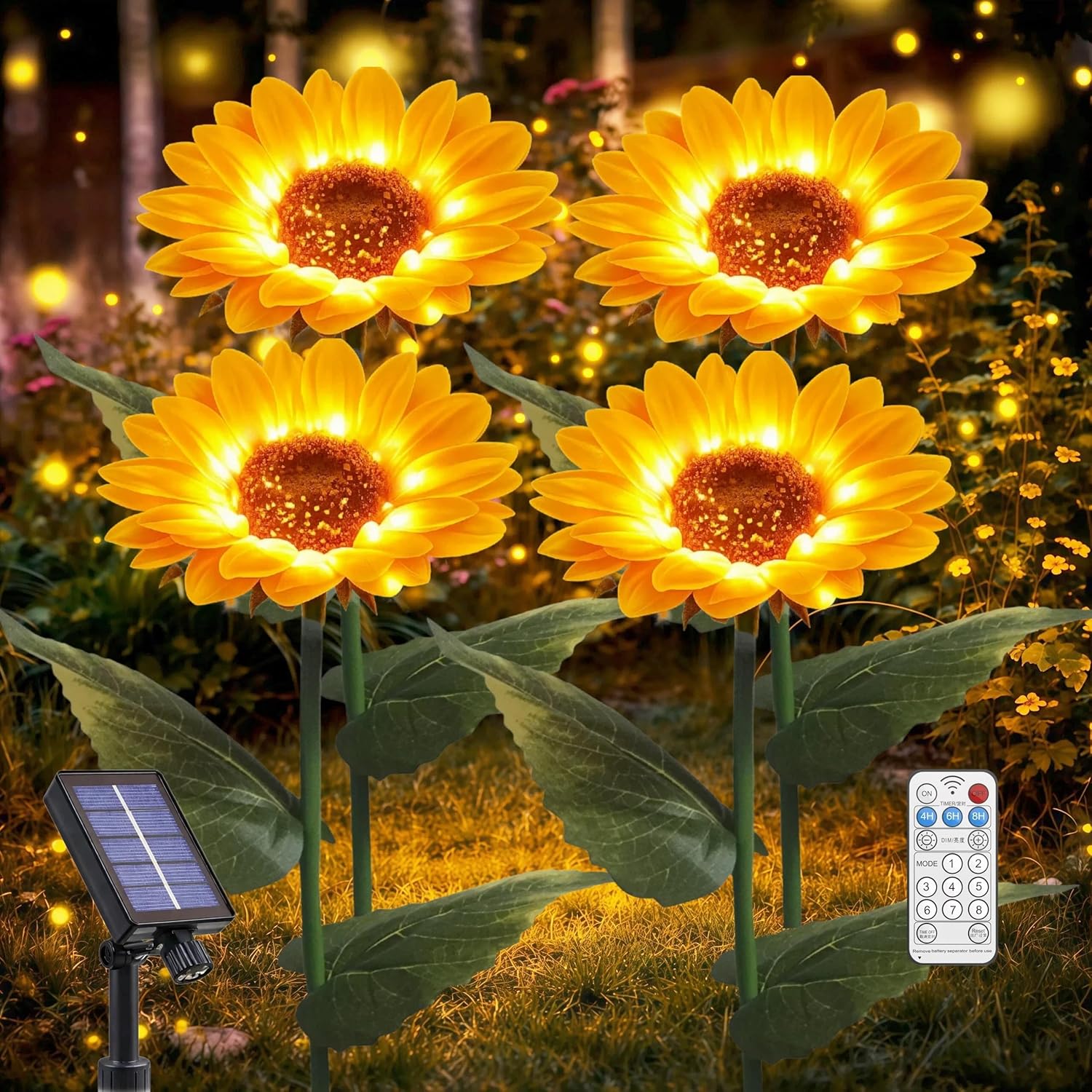 Solar Sunfower Lights Outdoor& Indoor-4 Pack Sunflower Lights with Remote, 8 Modes Home Garden Decor,Sunflowers Gifts for Mom Women Grandma Birthday, Patio Yard Pathway Wedding