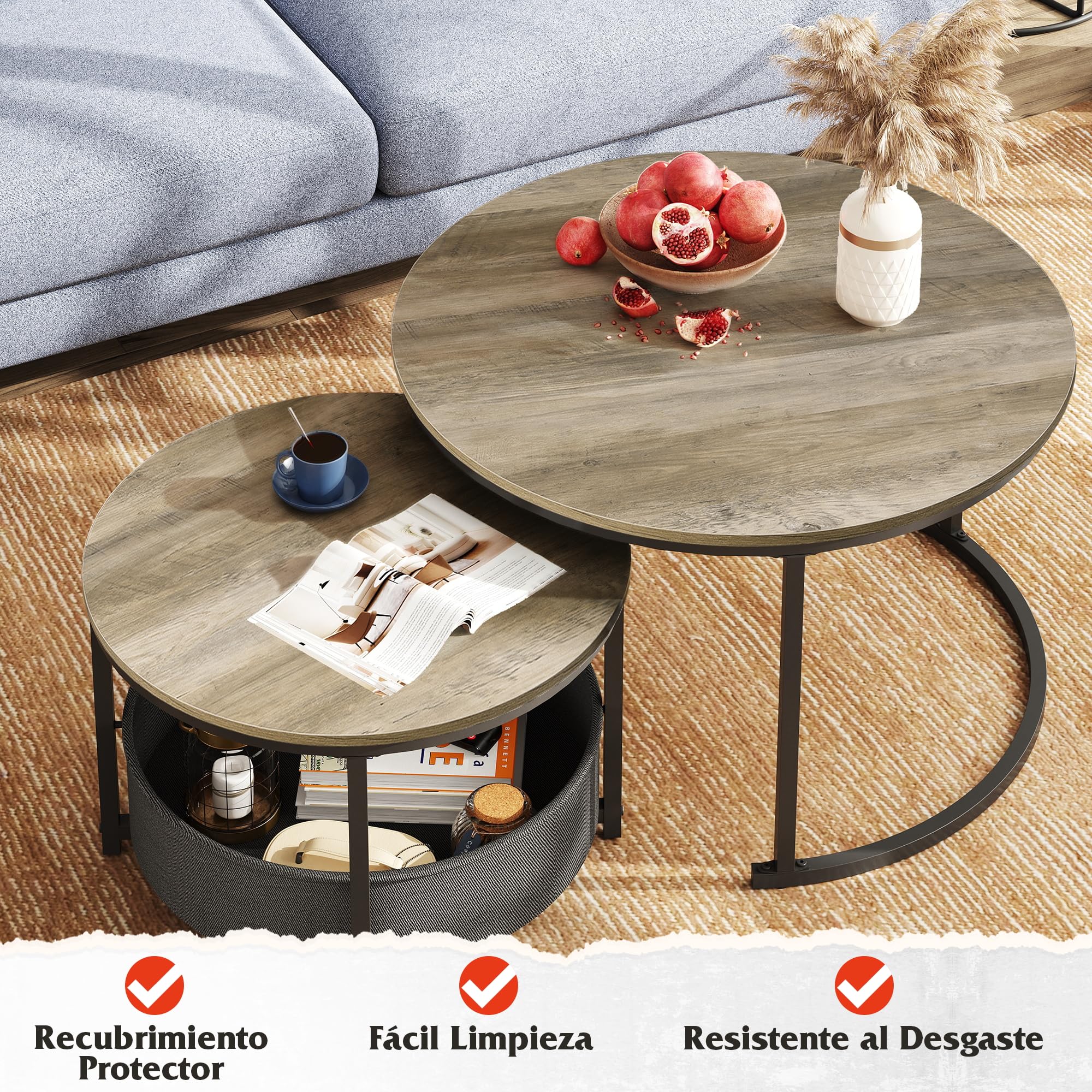WLIVE Mesa de Centro Juego de 2, Mesa Auxiliar Redonda con Almacenamiento, Mesa de Salón de Madera con Estructura Metálica (Gris Negro, 80 y 60 cm de diámetro)