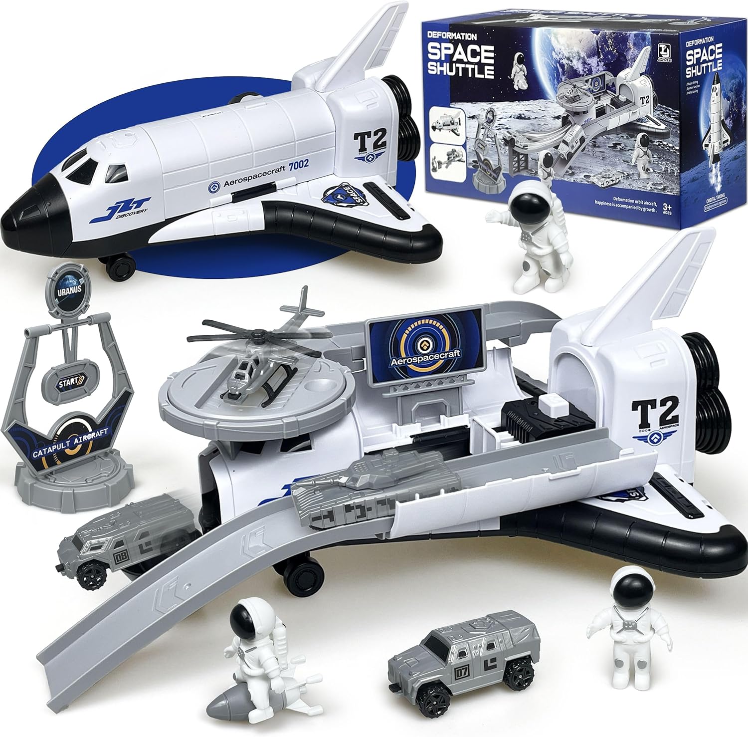 Space Rocket Shuttle Launch Toy Set with 3 Astronaut Spaceman Figures & 4 Vehicles, Airplane Educational Aerospace Set, Spaceship Toys Gift for Boys 3-5-8