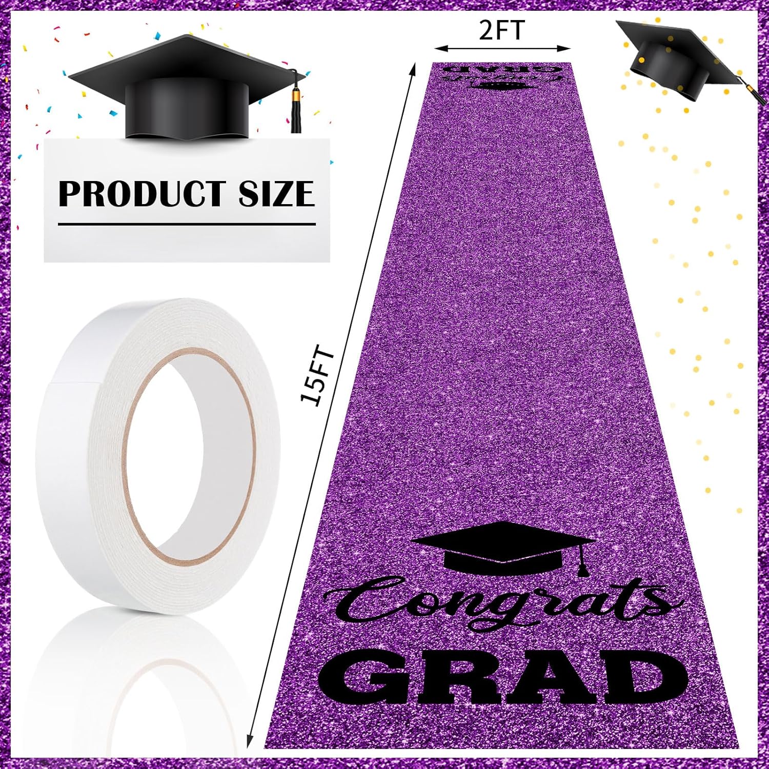 Sliner Glitter Purple Congrats Grad Carpet Runner Rug for Graduation Prom Party Decorations 2ft x 15ft Glitter Graduation Runway Rug for Prom Party Decor Aisle Runner for School College Grad Ceremony