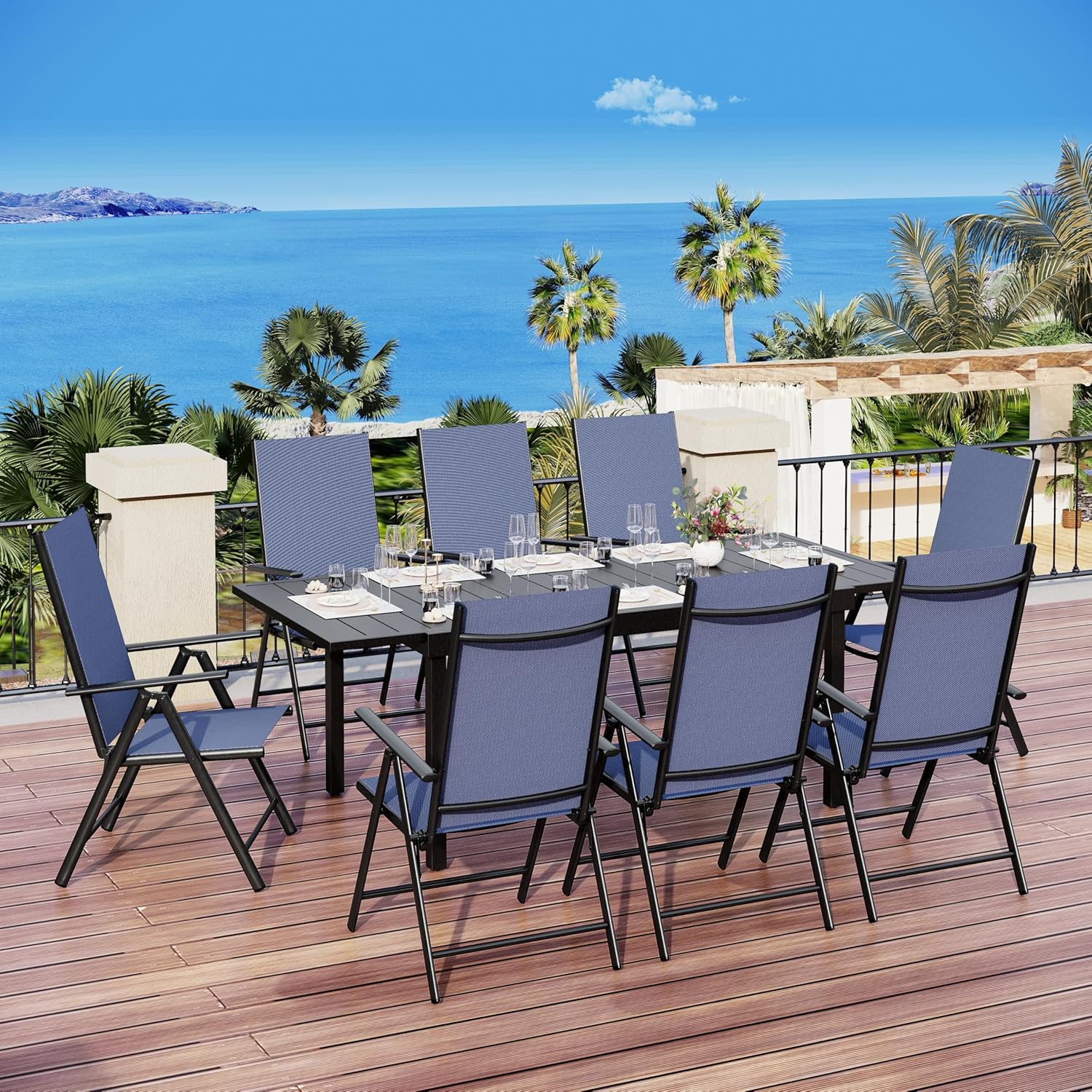 MFSTUDIO Patio Folding Chairs Set of 2, Outdoor Patio Dining Chairs, Portable Blue Sling Patio Chairs, 7 Levels Adjustable Sling Back Chairs for Backyard Lawn Garden