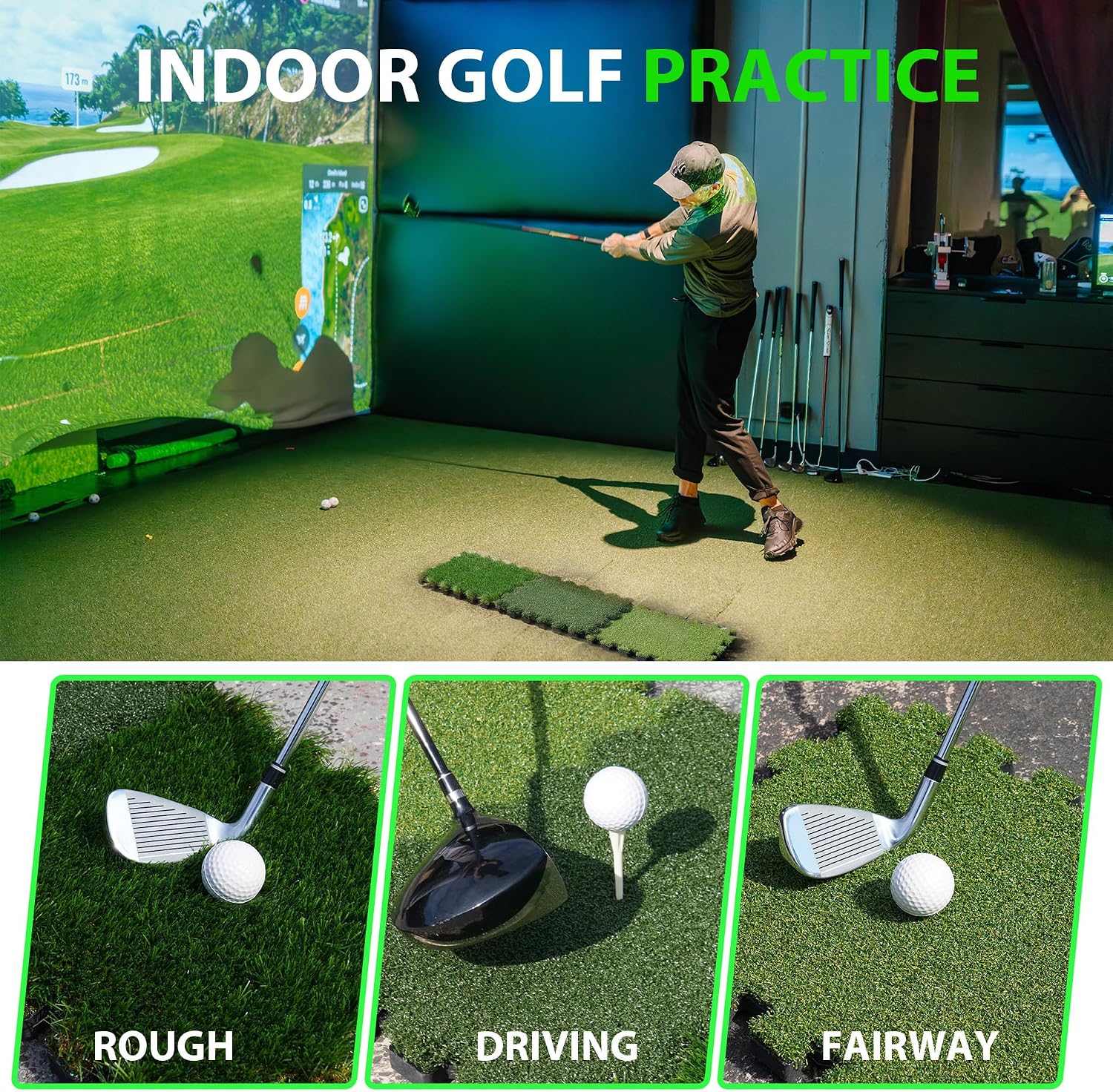 GAIARENA Tri-Turf Golf Hitting Mat Premium Indoor/Outdoor/Backyard Golfing Practice Mat for Home Golf Simulators, Thick EVA Foam Base & Tri-Turf Tiles Rough Driving Course Grass, Gift for Avid Golfers