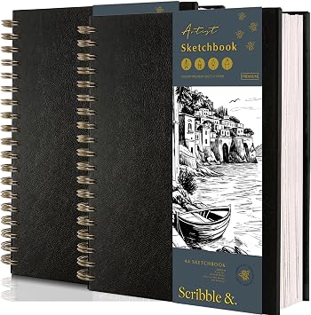 Scribble & Dot  A4 Sketchbook for Artists Twin Pack 200GSM Ultra Thick Paper   Spiral Bound Art Book, Large A4 Sketch Pad for Sketching, 21.59 x 28cm, 40 Sheets / 80 Pages per Book.