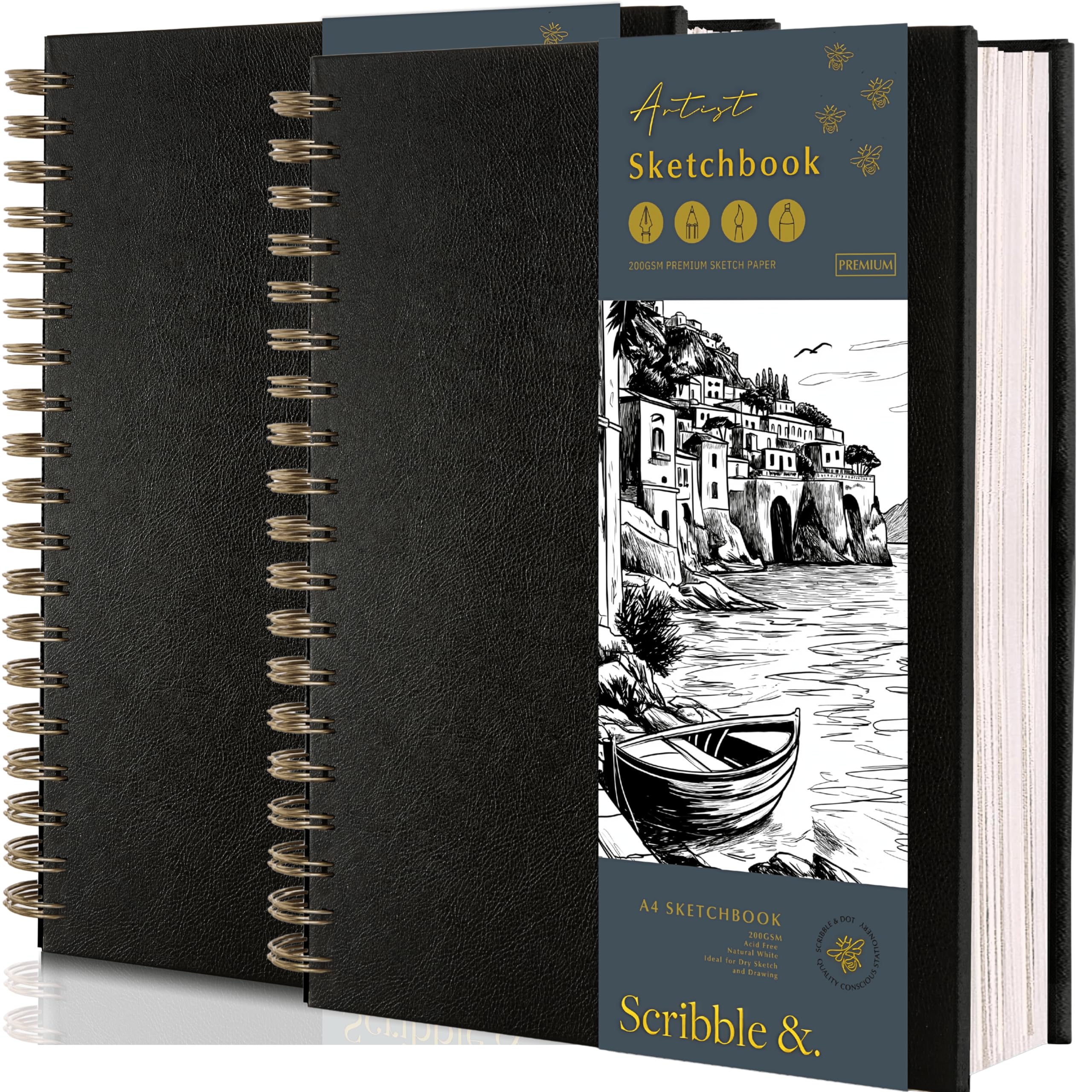 Scribble & Dot™ A4 Sketchbook for Artists (Twin Pack) 200GSM Ultra Thick Paper – Spiral Bound Art Book, Large A4 Sketch Pad for Sketching, 21.59 x 28cm, 40 Sheets / 80 Pages per Book.