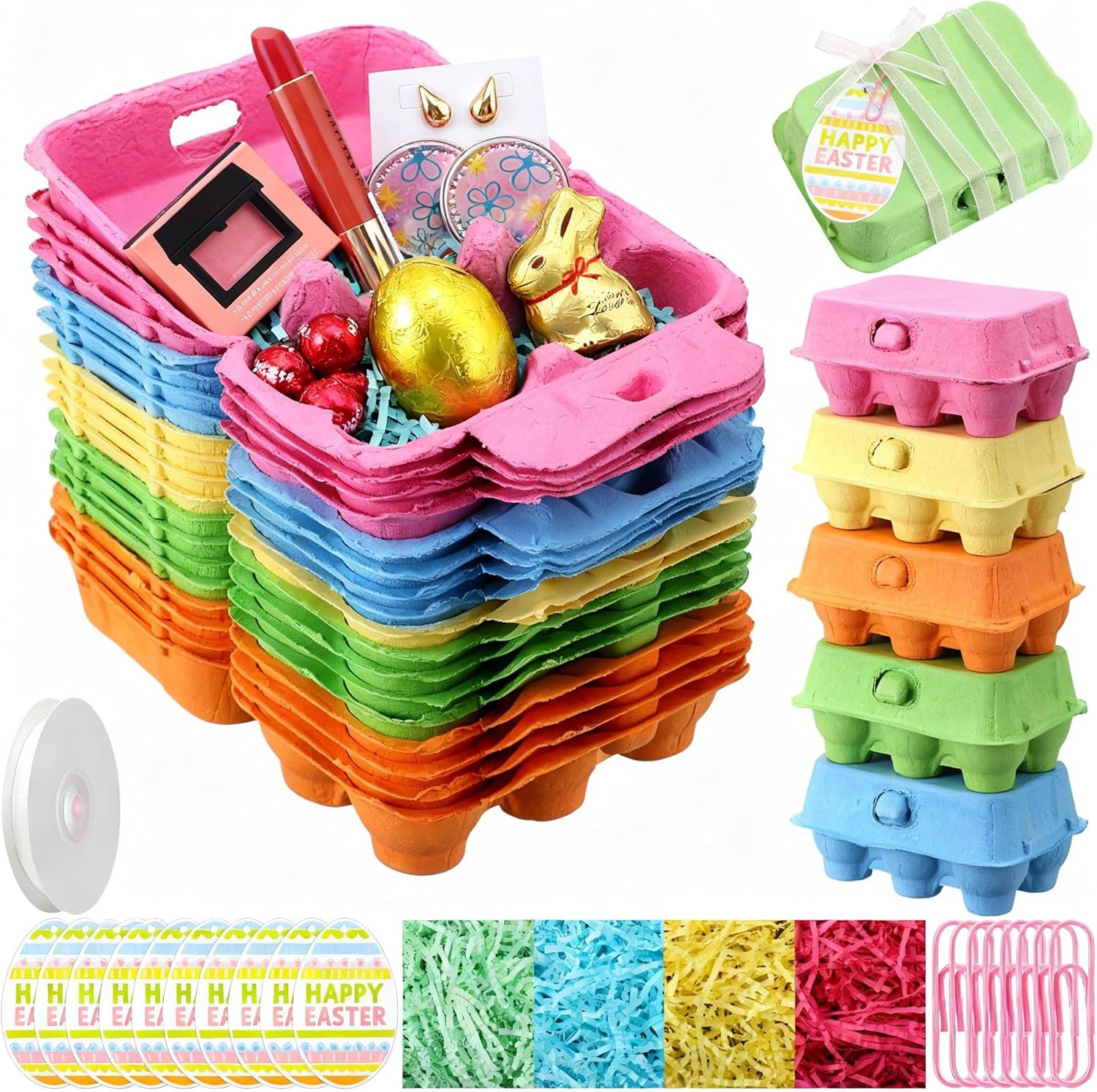 FoldTier 20 Set Easter Egg Carton Gift Basket Set Colorful Half Dozen Colored Egg Cartons with Cards Clips Ribbon Raffia for DIY Easter Gift Box Party Favor Supplies