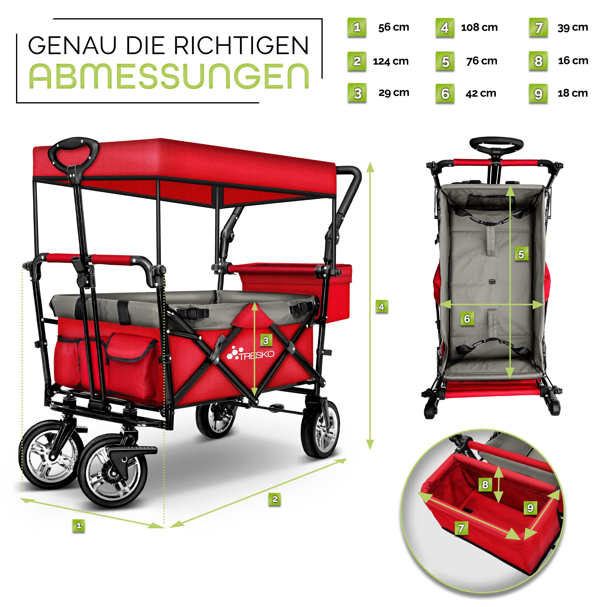 TRESKO Bollerwagen Mit Dach & Kühlfach - Klappbar Bis 150kg Für Strand & Festival