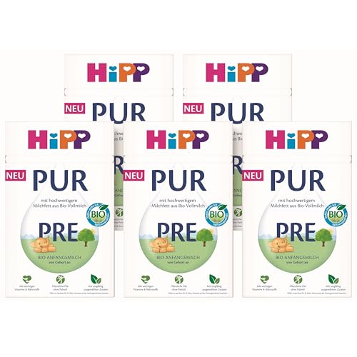 HiPP PRE PUR Anfangsmilch (5 x 500g), von Geburt an, mit hochwertigem Milchfett aus Bio-Vollmilch, ohne Palmöl, nur Lactose, mit wichtigen Vitaminen & Nährstoffen, in bester Bio-Qualität