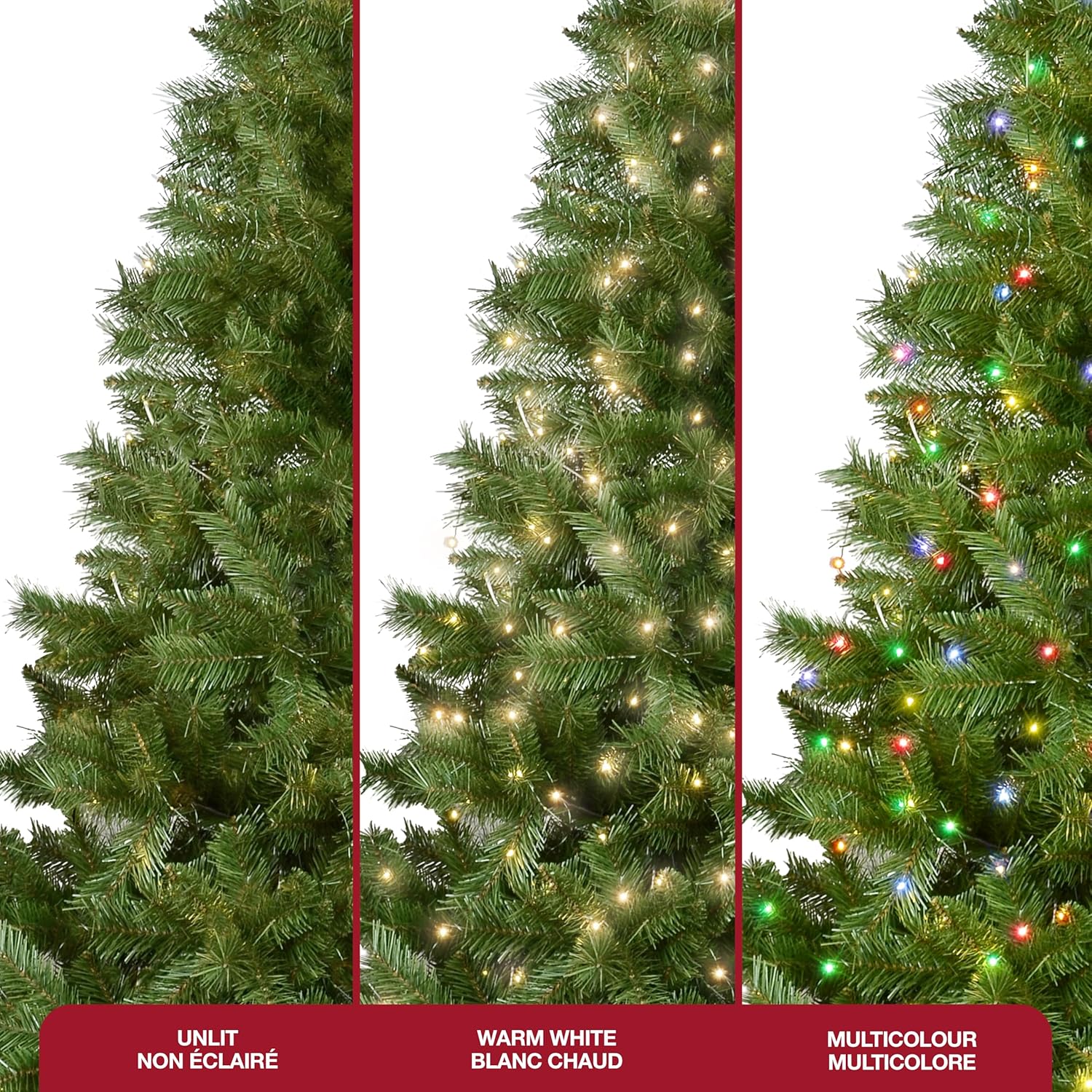 Three close-up panels showing Christmas tree branches: unlit, lit with warm white lights, and lit with multi-color lights.