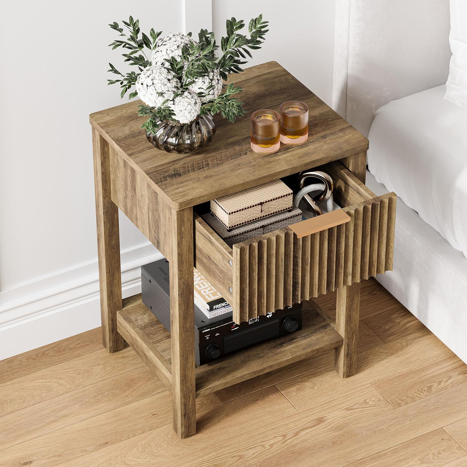 Fluted Nightstands Set of 2, Farmhouse Wood End Table with Drawer, Modern Beside Table with Open Storage Shelf, Small Side Table Organizer for Couch Bedroom Living Room(2, Brown) BNS102YW-2