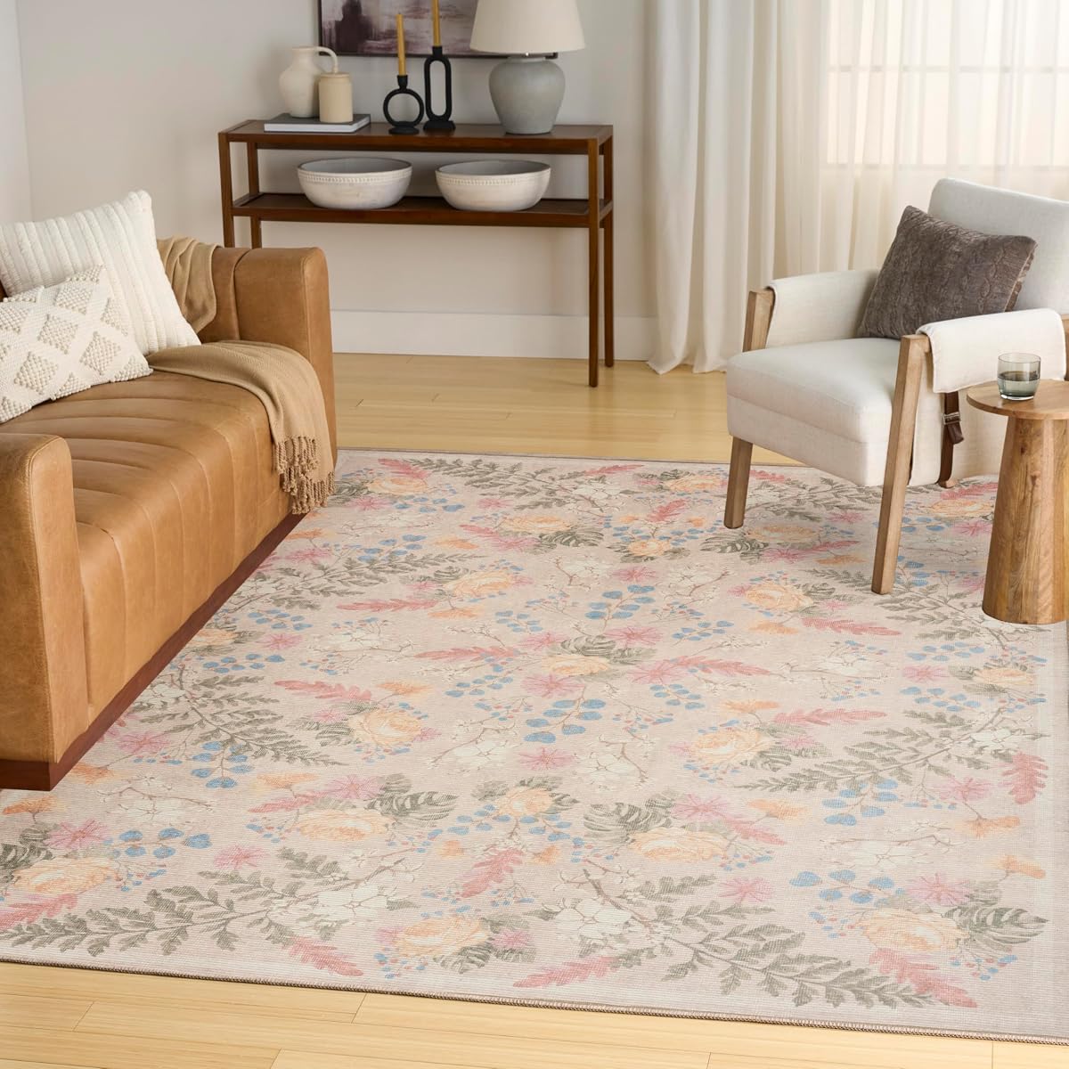 Nourison Home Botanical Washables Beige Multicolor 5' x 7' Area Rug - Easy Clean, Non Shedding, Bed Room, Living Room, Dining Room, Kitchen (5' x 7')