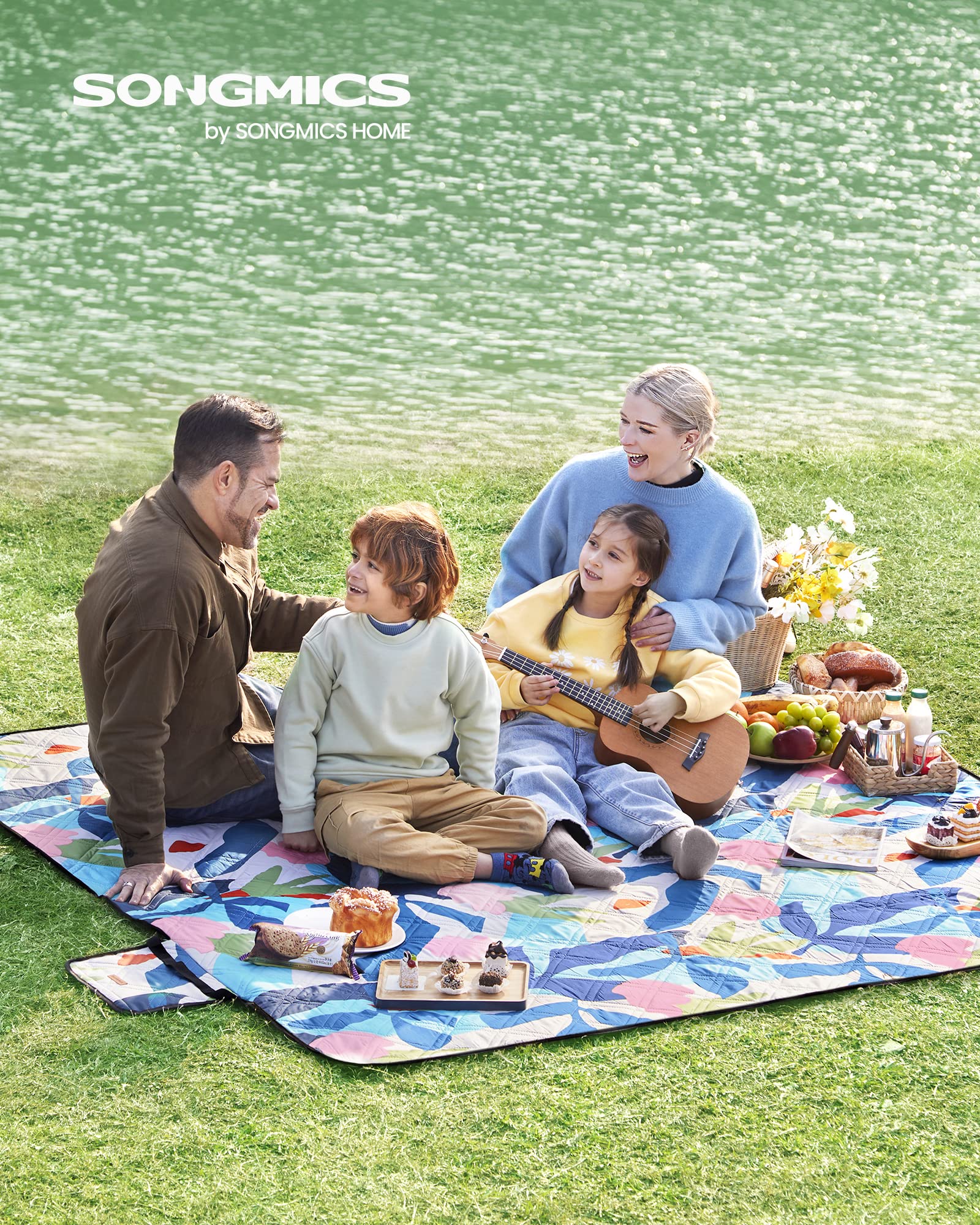 SONGMICS Couverture de Pique-Nique, 200 x 200 cm, Grand Tapis, pour Camping, Parc, Jardin, Plage, Hydrofuge, Lavable en Machine, Pliable, Motif Fougère Multicolore GCM087Q03