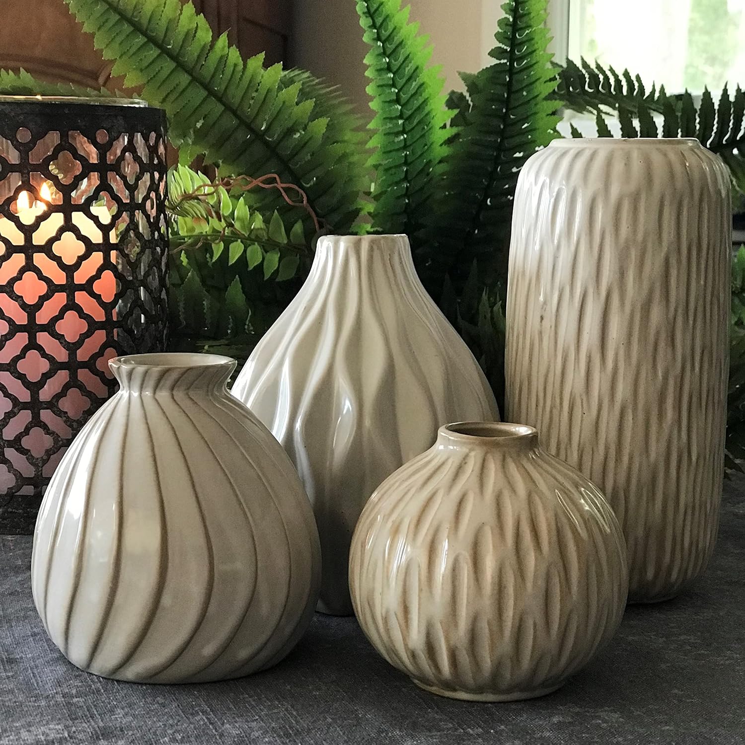 Iconic Scandi Vase 4 Piece Set, Creamy Beige and Toasted Tan, Neutrals, Glazed, Water-Tight, Porcelain, from 3-7.5 Inches