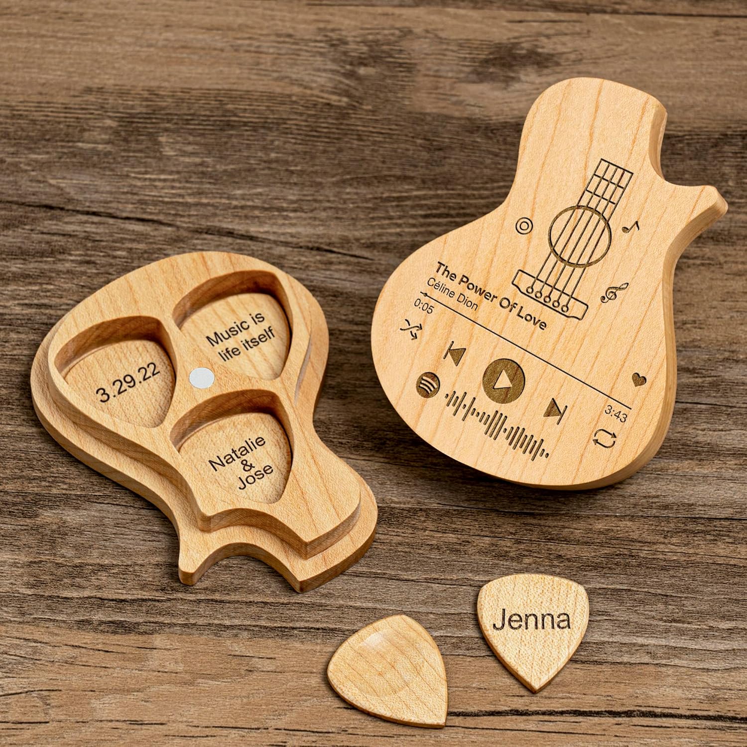 Custom Wooden Guitar Pick Box With 3pcs Picks, Engraved Spotify Song Guitar Pick Box, Wood Guitar Plectrums For Electric, Acoustic, Or Bass Guitar - Maple Wood