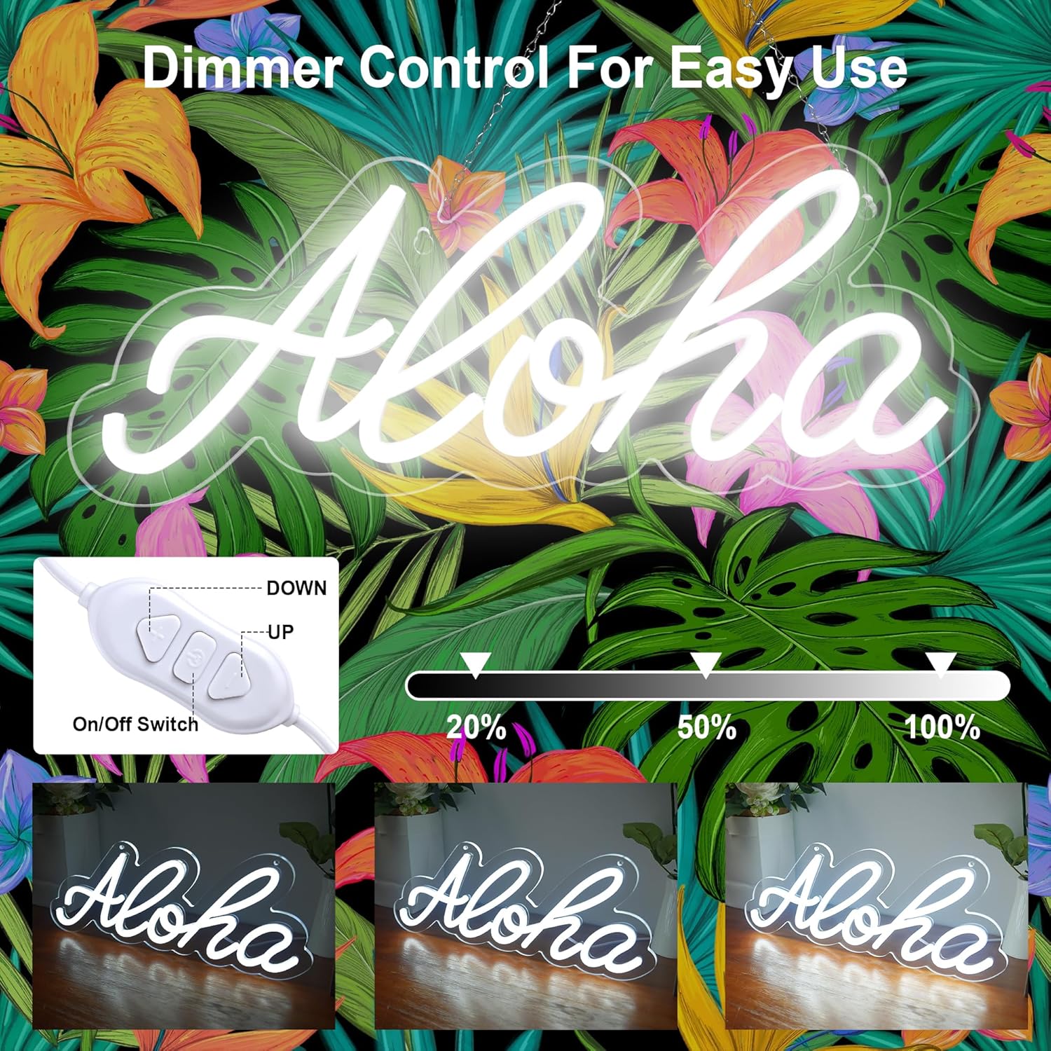 Aloha Neon Light Aloha Cold White Neon Sign for Wall Decor, 15"x5.9" LED Neon Art Decorative Lights with Dimmer Switch USB Operated for Home, Bar Club Wedding and Party Decor, Christmas, Birthday Gift