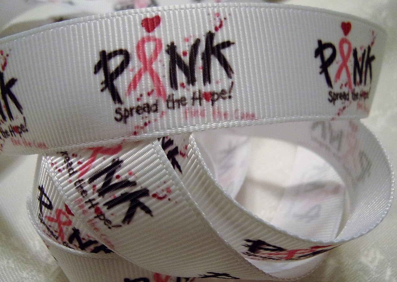 Grosgrain Ribbon - Pink - Spread The Hope - Breast Cancer Awareness - 7/8 W, 10 Yards - Use for Bows, Sewing & Crafts!