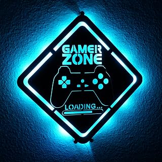 Namofactur Panneau lumineux LED Gamer Zone avec contrôleur et texte de chargement | Non personnalisé : blanc chaud ou RVB au choix avec USB et télécommande ; à accrocher dans une chambre de jeu ou d'adolescent