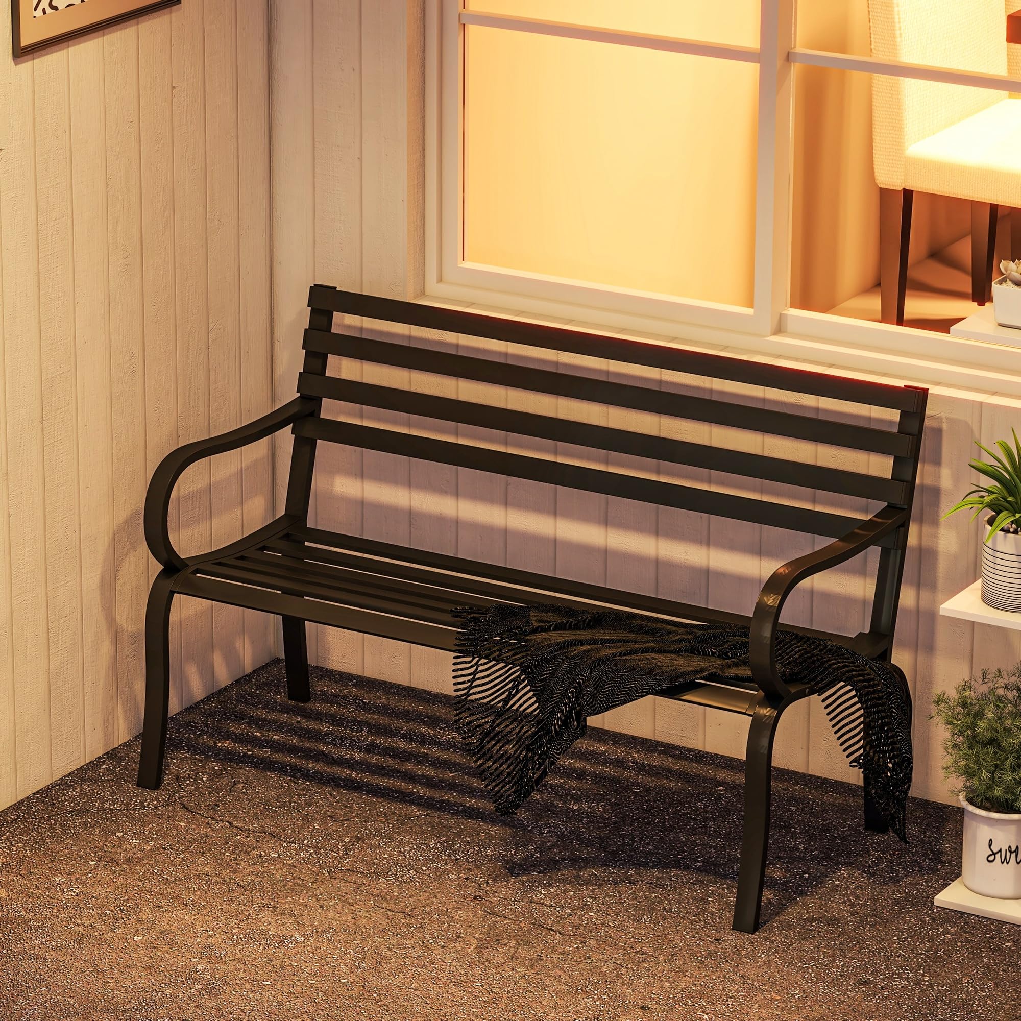 Outsunny Panchina da Esterno in Metallo Impermeabile Nero, Panca da Giardino a due Posti, 127 x 62 x 82cm - Max 240kg